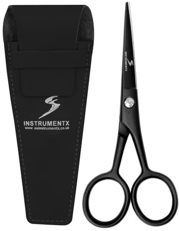 SS INSTRUMENTX Beard and Moustache Scissors Professional Beard Scissors for Ear and Nose Hair, Stainless Steel Hair Trimming Scissor for Eyebrows, Eyelashes and Ear Hair (Black, 4.5)