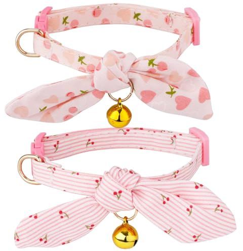 2uds Collares de Algodón con Lazo para Gatos con Cascabel, Collares de Lazo para Gatitos Que se Pueden Separar Collar Ajustable con Forma de Cereza y Corazón Rosa para Gatas Hembras