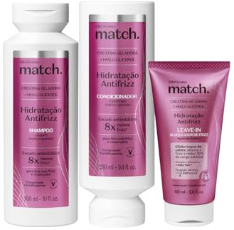 O Boticário Match Hidratación Anti-Frizz Set Cuidado del Cabello con 3 Productos Vegan | Champú 300ml, Acondicionador 300ml y Leave-In 150 ml