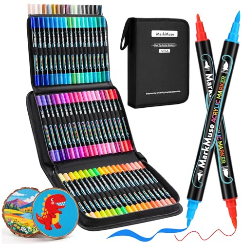 MarkMuse 72 Colours Acrylic Paint Pens, Non-Toxic Water-Based & Fast-Dry Dual Tip Acrylic Markers for Stone Painting, Canvas, Wood, Adult Artist Supplies