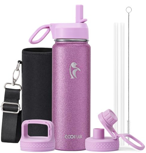 Botella de agua Coolflask de 24 onzas aislada con popote, frasco de agua de acero inoxidable de metal con 3 tapas de boca ancha para deportes u oficina, sin BPA, mantiene frío hasta 48 horas o