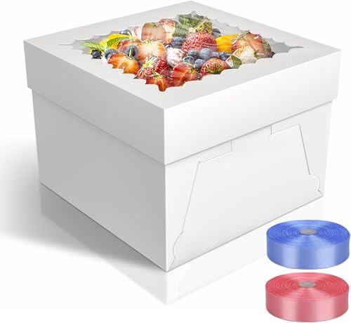 5 Stück Extra Hohe Tortenkartons (25x25x20 cm) mit Cake Boards (Tortenplatten), Weiße Kuchenschachtel mit Sichtfenster, Stabile Transportbox für Drip-Cakes, Hohe Torten, Hochwertige Kuchenverpackung