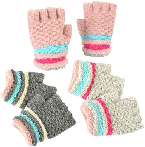 AIMI 3 Pairs Kids Fingerless Gloves Knit Fall Winter Mittens Gloves Gifts