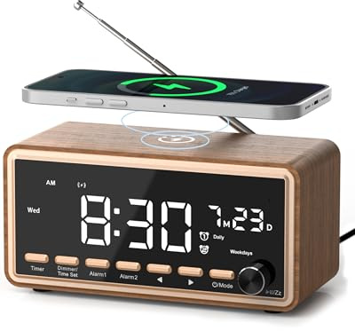WamGra Radio Réveil Numérique avec Chargeur sans Fil, Enceinte Bluetooth Vintage, FM,Radio reveil Matin en Bois, 2 Alarmes, Machine Bruit Blanc Adulte BéBé, Idée Cadeau Homme Femme Anniversaire Noël