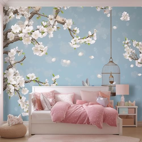 Carta da parati Motivo Con Fiori Di Ciliegio E Uccelli, 250 x 175 cm Grigio Blu Carta da parati fotografica personalizzata in tessuto non tessuto per soggiorno e cameretta dei bambini