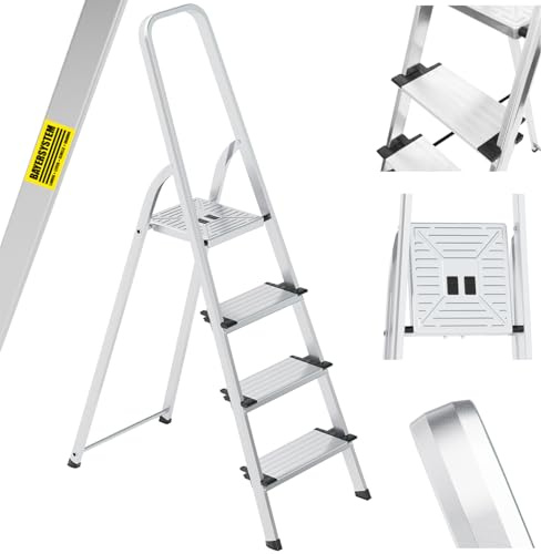 Bayersystem Aluminiumleiter 4-stufig, Stufenleiter, mit Breiten Stufen, leicht, klappbar, tragbar, robust, Belastbarkeit 150 kg, mit breiter Plattform, Multifunktionsleiter Haushalt, Büro und Lager