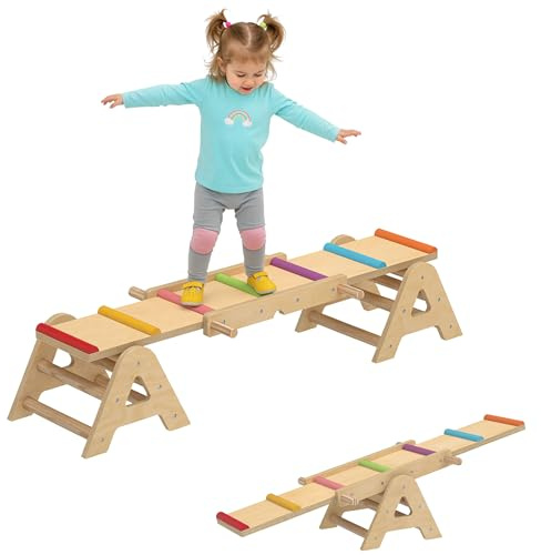 AIYAPLAY Bascule d'équilibre 2 en 1 pour enfants, poutre d'équilibre en bois, bascule balançoire de jardin, planche d'équilibre pour l'intérieur et l'extérieur, Equilibrium pour enfants, équipements