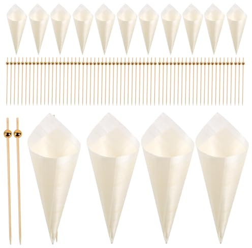 PAMINGONO Conos de Madera Desechables con Palillos Largos para Aperitivos y Frutas Juego para Helados y Charcutería Fiestas y Reuniones Familiares