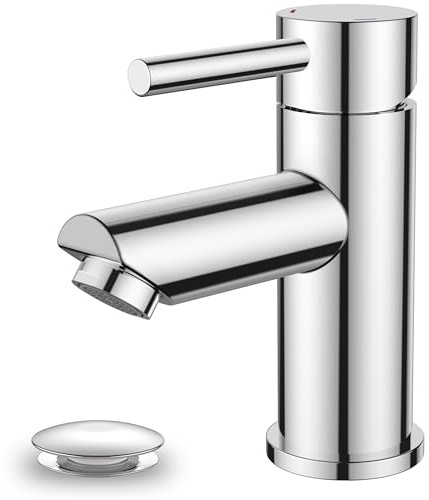 FORIOUS® Basin Mixer Tap, Chrome, Bathroom Sink Tap with 70mm Spout Height | Single Lever Stainless Steel, with Pop Up Waste and G1/2 Hoses, Water-Saving, Hot and Cold with Ceramic Cartridge