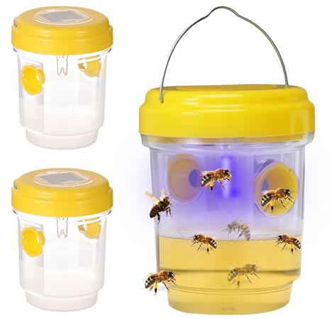Wespenfalle, 3PCS Solar Wespenfallen, Wespenfalle zum Aufhängen, Wespenfallen für draußen, Anlocken von Mücken Durch LED Licht, Wespen und als Fliegenfalle geeignet Insektenfalle （Gelb）