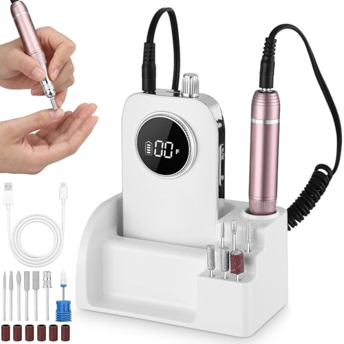 Fresa de uñas, lima de uñas eléctrica de 45000 rpm, juego de cuidado de uñas recargable con pantalla LCD, velocidad ajustable, juego de manicura eléctrica para uñas acrílicas de gel, para salón