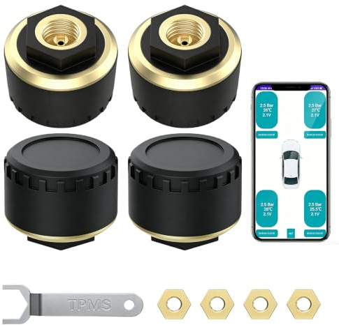 Reifendruckkontrollsystem, für Auto, SUV, MPV, RV & ATV, mit Reifendruck-Warnfunktion, Echtzeit-Überwachung über Smartphone-App, Kupfer-Basis, Messbereich 0–8 BAR, kompatibel mit iOS & Android