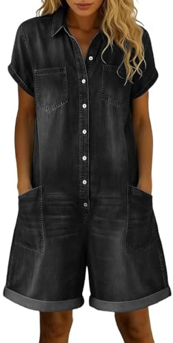 Generico Salopette Jeans Donna Estiva Corta Lunga Vintage - Tuta Jumpsuit Denim Elegante Larghi Leggeri Casual Curvy per Sera Lavoro Mare Ciclismo