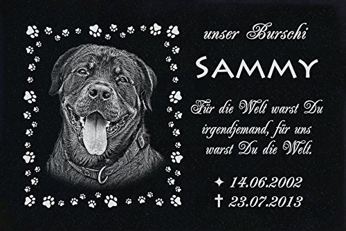 LaserArt24 Granit Grabstein - Grabplatte - Grabschmuck mit der Lasergravur des Motives Hund-ag46 (mit dem Musterbild oder Ihrem eigenen Foto - Siehe Auswahl) und Ihrem Foto/Text und Daten