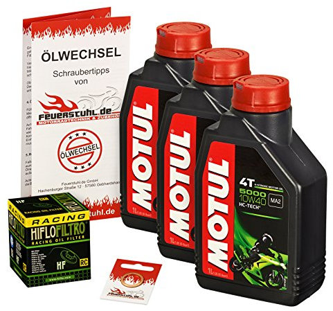 Motul 10W-40 Öl + HiFlo Ölfilter für Yamaha Grizzly 700 EPS/LE/SE/WTHC (YFM), 07-15 - Ölwechselset inkl. Motoröl, Racing Filter, Dichtring