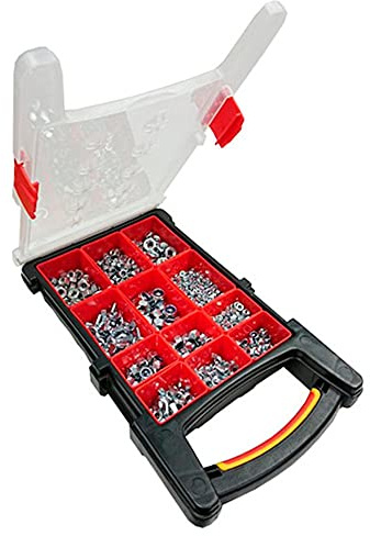Merriway BH06623 (1000 Stück) Sortiment von BZP Sechskant, Nylon (Nyloc) Selbstsichernde Muttern und Flügelmuttern in einem 12-Fächer-Tragetasche, 1000 Stück