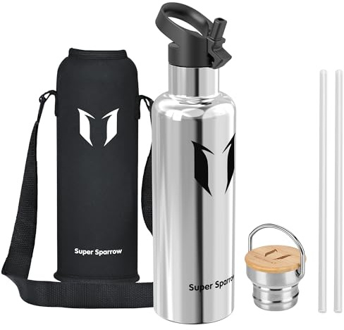 Super Sparrow Gourde Isotherme - Bouteille Isotherme - 1000ml - Gourdes Inox Bouche Standard - Gourde Enfant sans BPA, pour Sport, Gym, Voyage - Avec 2 Bouchons