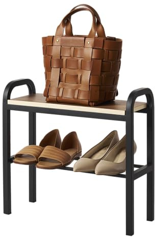 YAMAZAKI 4788 TOWER Shoe Rack with Wooden Board, black, Steel/PlyWood, 48 x 19 x 46 cm