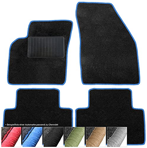 moto-MOLTICO Fußmatten Auto - Velours Autoteppiche | passend für Chevrolet Spark (2010-2015) - 4-teiliges Set - Schwarze Automatten mit Blauen Ziernähten