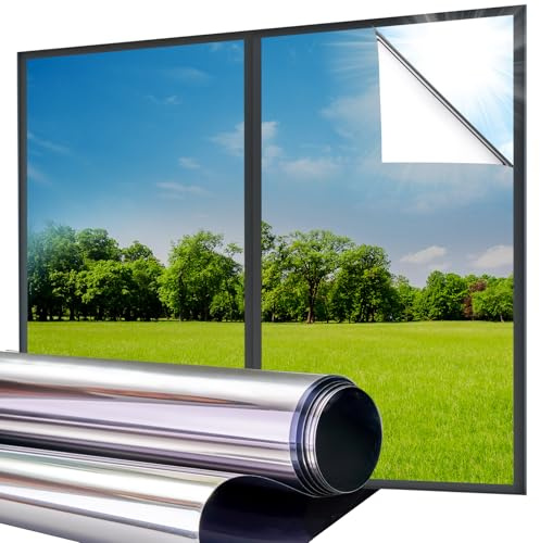 Lifetree Reflective One Way Window Film Privacy: Mirror Heat Control Sun Blocker Window Tint Film, UV Protection Anti Glare, No Glue Clear Daytime Privacy for Home Office (Silver, 115 * 200cm)