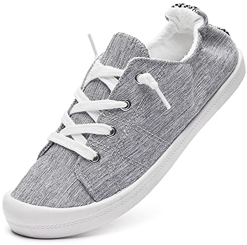 BENPAO Womens Canvas Slip On Shoes White Fashion Sneakers Loafers Shoes for Women(Gray, US8)