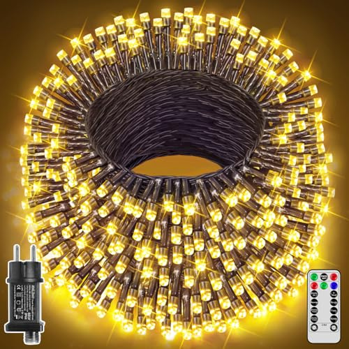 Ollny Lichterkette Außen 60M 600 LED Warmweiß mit Fernbedienung & Timer | 8 Modi & wasserdichte Lichterketten Outdoor Deko. Für Innen, Außen, Balkon, Garten, Party & Hochzeit