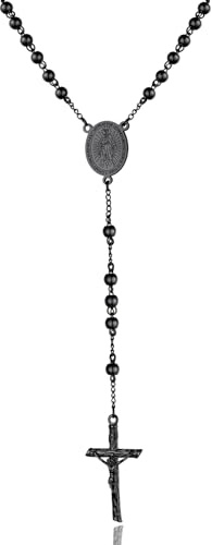 ChainsPro Kreuz Halskette Rosenjahr Perle Katholische Damen Halskette mit Jungfrau Marien Medaillon Schwarze Kette Edelstahl Kreuz Gebet Jesus Geschenke Christlichen Schmuck für Männer/Frauen