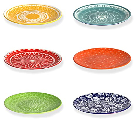 Annovero Dessert Plates - Small 6 Inch Plate for Appetizer, Cake, Snack, Pie, Cocktail - Microwavable - Decorative Colorful Porcelain Mini Saucer - Zero Lead & Cadmium - Set of 6