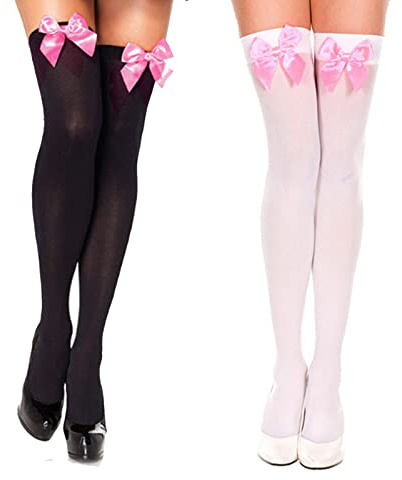 AWOCAN Damen Satin-Schleifenstrümpfe, Oberschenkelhohe Overknee-Strümpfe für Mädchen und Damen (Weiß+Rosa Schwarz+Pink)