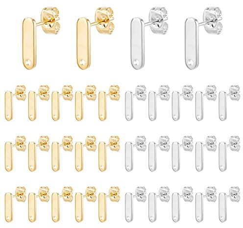 DICOSMETIC 60 Stück 2 Farben Ohrstecker Zubehör Mit Loch Rechteck Ohrstecker Ohrring Post Mit Schleife Loch Ohrsteckerbasis Für Die Schmuckherstellung für Erwachsene, Bohrung: 1.4mm, Stift: 0.8mm