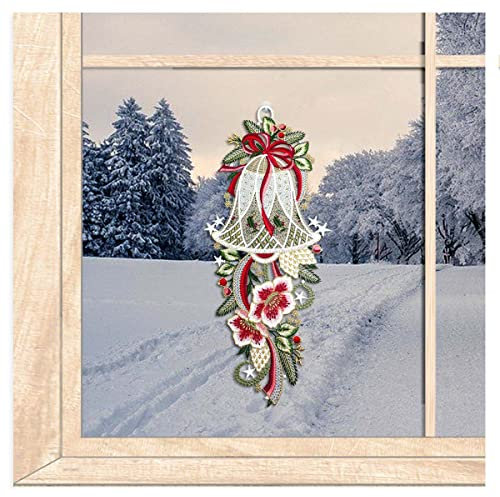 atelier alles-Spitze Großes Winter-Fensterbild Glocke mit Blüten | Wiederverwendbare Fensterdekoration gestickt aus Vogtländischer Luft-Spitze | HxB 39 x 17 cm
