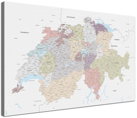 LANA KK - Premium Pinnwand Schweizkarte - White - Deutsch - in 120 x 80 cm, stabile Rückwand zum Pinnen inkl. Starterkit - Leinwand-Kunstdruck Wandbild Landkarte XXL