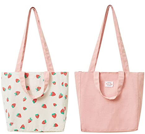 PLATEYTR Stoffbeutel,Doppelseitige Leinentasche,Stoff Tasche, Einkaufstasche, Baumwolle Schulter Doppelter Tragegriff Leinwand Messenger Bag für Damen, Kinder(Strawberry,31 * 10 * 31cm)