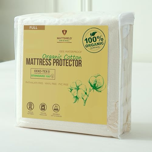 Waterproof Organic Mattress Protector Full Size – Soft OCS Certified Organic Cotton Surface Mattress Cover – Noiseless & Breathable 250 GSM Mattress Pad – Deep Pocket Fitted Design