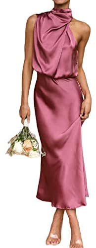 Vestito Donna,Abiti Longuette In Raso Da Donna Eleganti Solidi Abiti Senza Maniche Con Scollo All'Americana Abiti Estivi Moda A-Line Flowy Swing Prendisole Party Cocktail Abiti Maxi Sexy Con Cernier