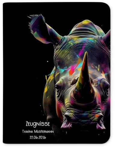 CreaDesign Customize A4 Zeugnismappe für Kinder 26,7x32,7x1 cm, Sichtbuch mit 10 Klarsichthüllen, erweiterbar auf bis zu 20 Taschen, Nashorn design, Dokumentenmappe für Schüler