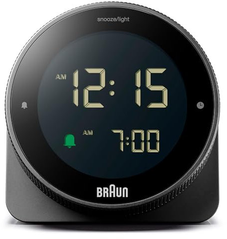 Braun Digital Alarm Clock with Snooze, Negative LCD Display, Rotating bezel for quick time setting, Crescendo Beep Alarm in Black, model BC24B.