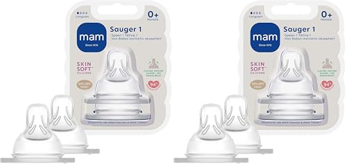 MAM Sauger Größe 1 im Doppelpack, Flaschensauger (Durchflussrate langsam), weicher Trinksauger passend für alle MAM Flaschen/Trainer, ab der Geburt (Packung mit 2)