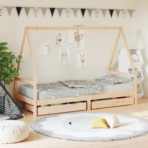Festnight Hausbett 90x200 cm mit Schubladen ohne Matratze, Kinderbett mit Schubladen, Kinder Haus Bett aus Kiefer Holz für Kinder und Jugend #2