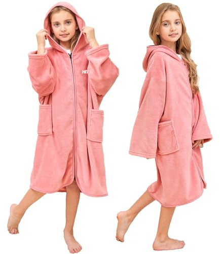 Hiturbo Kids Bath Towel Hoodie: Soft Plush Zipper Surf Poncho - Warm Fleece Changing Towels Swimming Outerwear (Pink)