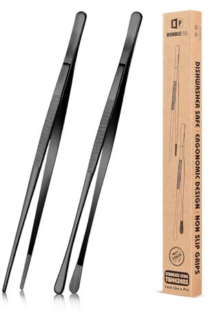 2 pezzi pinzette da cucina da 25,5 cm, pinzette professionali da cucina lunghe in acciaio inox per barbecue, frutti di mare, riparazione e servizio (NERO)