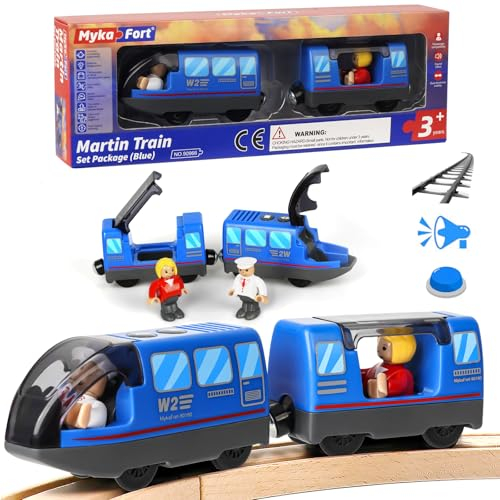 Holzeiseektnbahn Elrische Lok, Batteriebetriebene Eisenbahn Kinder elektrisch (Magnetverbindung) mit Züge Sound, Leistungsstarker Motorzug Kompatibel mit Thomas, Brio, Chuggington, Zug Kinder, Blau