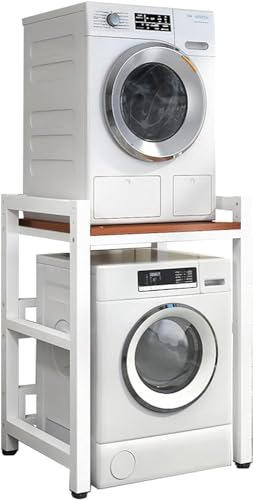 GYDUHYE Kit d'empilage réglable, lave-linge et sèche-linge à chargement frontal – Support portable avec capacité de 400 kg – Unité de rangement pour lave-linge (couleur : cadre blanc + teck)