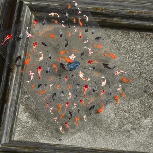 Hebterrka Rote Koi-Fisch Nagelsticker, Glückliche Goldfisch 5D Geprägte Nageldekorationen, Selbstklebende Chinesische Stil Nagelkunst Zubehör, Süße Cartoon Maniküre Sticker