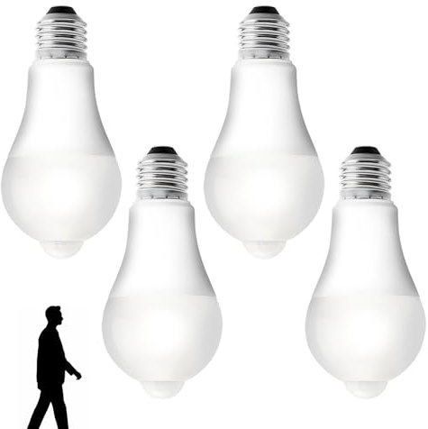 GBKDQQ 4 Stück E27 LED Glühbirne mit Bewegungsmelder, LED Birne mit PIR Bewegungsmelder E27 LED Lampe 12W Kaltes Weiß 3000K Lichtsensor Energiesparlampe für Flur Garage Treppe Balkon
