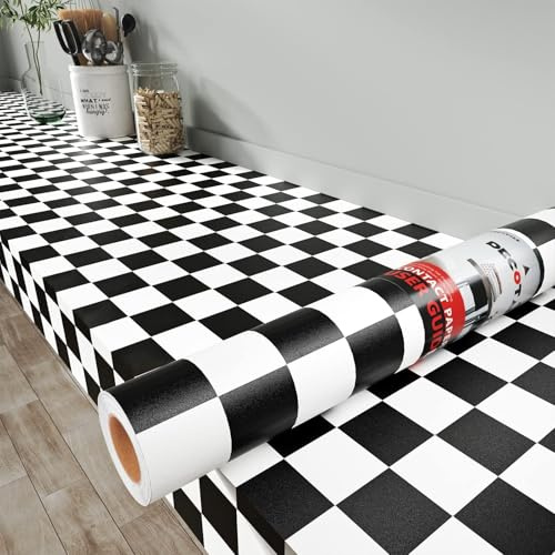 Decotalk Papier Adhésif pour Meuble Noir et Blanc 40X1000cm Papier Peint Adhésif Décoratif Noir et Blanc Motif Rouleau Adhesif Decoratif pour Chambre Cuisine Damier Revêtement plan de Travail