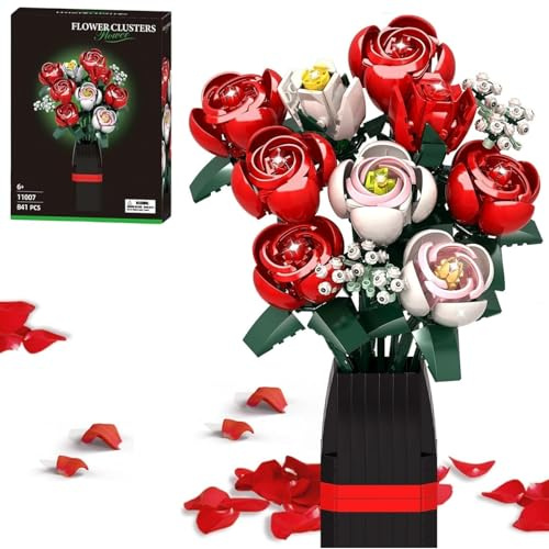 Flowers Bouquet Building Set with Vase, Artificial Rose Toys Set for Kids, 841 PCS Roses DIY Kit, Adjustable Petals & Leaves, Flower Bouquet Botanical Collection Forever Rose Gift for Mum Wife