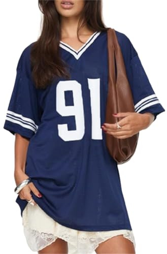 RUIWANBBY Women Y2k Oversized Jersey Summer Top Number Graphic Tee T-Shirt V Neck Short Sleeve Sport Casual Shirts Streetwear