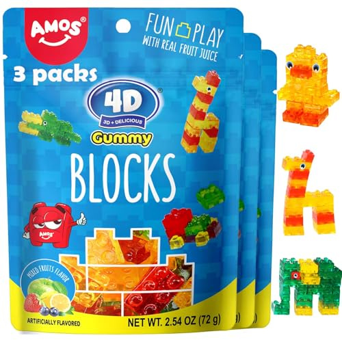 AMOS 4D Gummy Sweets Blocks & Bricks Candy, Christmas Mix Fruits Sweet 4 Flavors (Strawberry & Lemon & Blueberry & Apple), Mix Sweets Chews for Kids Party 64g/Bag- 3 Bags