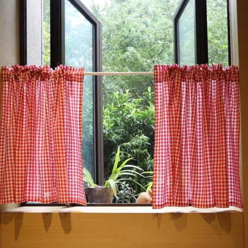 AQCQDQ 2er Pack Scheibengardinen, Rot Weiß Kariert Gingham Kurzvorhang, Blickdicht Kurzgardine für Küchen Esszimmer Badezimmer Klein Fenster Bistrogardine (B115*H40 cm)